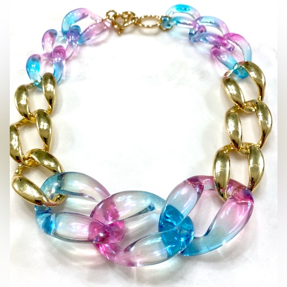 Gold & Pastel Pink Blue Resin Link Necklace - Women Jewelry - Picture 2 of 5